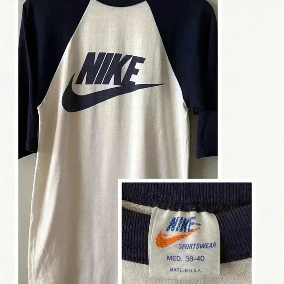 VTG Nike Big Logo Spell 3/4 Sleeve White & Navy Baseball T-Shirt 70s Orange Tag - Picture 1 of 15